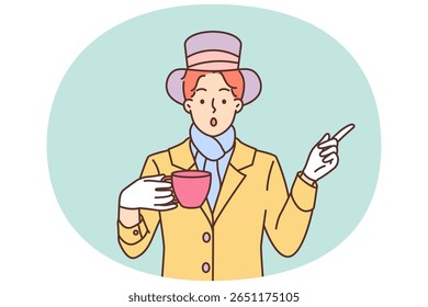 Mysterious man dressed as hatter from story Alice in Wonderland drinks tea and points finger to side. Mad hatter style guy is ready to go to theme party or carnival dedicated to children fairy tale