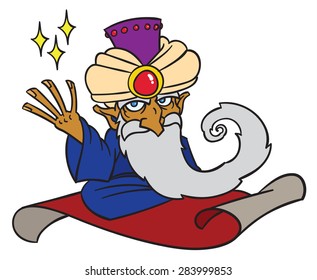 Mysterious man from the east - Cartoon Magician on flying magic carpet