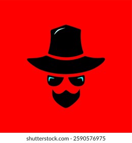 Mysterious Man in Hat and Sunglasses Vector Logo. A sleek vector illustration of a mysterious figure wearing a wide-brim hat, sunglasses, and a beard on a bold red background.