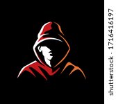 Mysterious man in a hood on a dark background. Made on a urban style in the category of underground street art. Can be used for logo, graffiti, print, avatar. Vector graphics