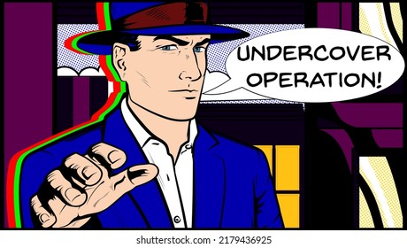 Mysterious Man Retro Portrait. Old Police Detective Investigator In Top Hat. Vintage Detective Reaching Hand Toward The Viewer. Pop Art Comic Book Style, Retro, Vintage Illustration Vector