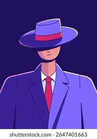 Um homem misterioso em um terno elegante e chapéu, exalando um ar de enigmático e desconhecido. Ilustração perfeitamente adaptada de um homem moderno, cheia de curiosidade e sofisticação.
