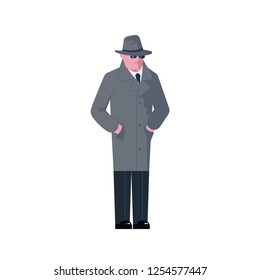 Mysterious man wearing a gray hat and coat with a raised collar isolated on white background. Vector illustration eps 10