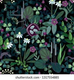 Mysterious meadow seamless vector pattern. Wide flowers and insect textured wallpaper.