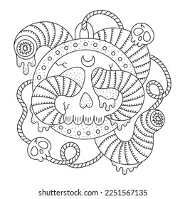 Mysterious medallion with scull. Scary big worms. Dark fantasy art. Coloring page. Cartoon vector illustration. Black and white colors. Outlined drawing. Hand drawn style. Isolated. Clipart