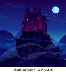 Mysterious medieval castle with stone towers spires illuminated torches fire and glowing in night windows cartoon vector. Ancient fortress, Dracula vampire shelter in rocky mountains lit by moonlight