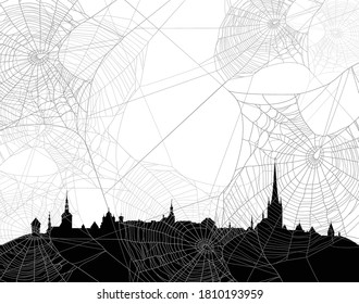 mysterious medieval city skyline among spider web - halloween theme black and white vector copy space background