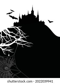 mysteriöse Silhouette des mittelalterlichen Vampirschlosses - Halloween Schwarz-Weiß-Vektorhintergrund mit Monsterbändern, Spinnennetz und gruseliger Skyline