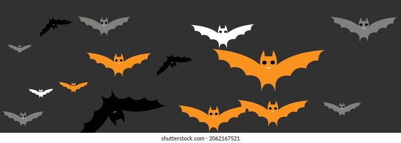 Mysterious Monster Black Vampire Party Bats Illustration. Grey Spooky White Sky Gothic Backdrop. Faces Funny Creepy Fear Cartoon Halloween Art Illustration. Horror Scary Dracula Chaos Orange Bats.