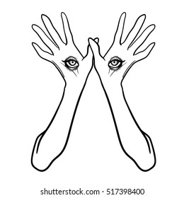 Mysterious monster with eyes on the hands. Hand drawn vector illustration. Tattoo style. Could be used as design for coloring book or as part of Halloween decor.