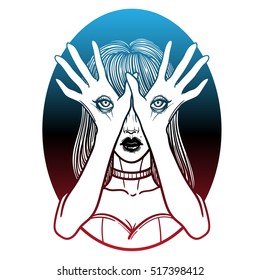 Mysterious monster girl with eyes on the hands. Hand drawn vector illustration. Tattoo style. Could be used as design for coloring book or as part of Halloween decor.