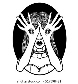 Mysterious monster girl with eyes on the hands. Hand drawn vector illustration. Tattoo style. Could be used as design for coloring book or as part of Halloween decor.