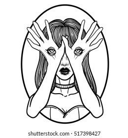 Mysterious monster girl with eyes on the hands. Hand drawn vector illustration. Tattoo style. Could be used as design for coloring book or as part of Halloween decor.