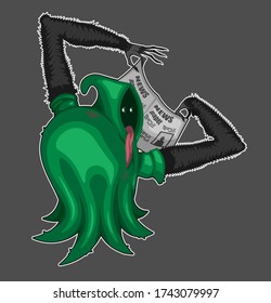 Mysterious monster wearing green hooded cloak, isolated on gray background.