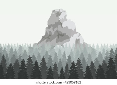 Mysterious Mountain in forest. Fog in woods. Vector illustration. 