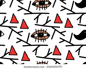 Mysterious nature signs. Eye, branch, red triangle,  crown black bird. Seamless vector pattern for design and decoration.