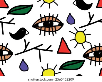 Mysterious nature signs. Eye, Stick, leaf, red triangle,  water drop, tear, crown black bird, sun. Seamless vector pattern for design and decoration.
 