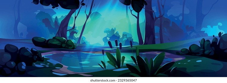 Mysterious night forest landscape with swamp. Vector cartoon illustration of spooky nature for game background, lake water, moonlight beams, old trees and bushes, green grass and stones on ground