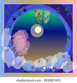 Mysterious night landscape. Moonlight. Blooming garden. Spring. Small town. Vector bandana print or silk neck scarf. Kerchief square pattern. Beautiful tablecloth.  Template for pillowcase, cushion.
