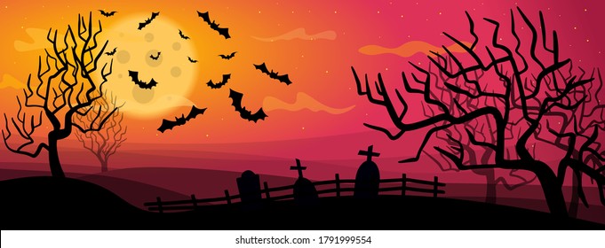 mysterious night scenery for Halloween. banner for all saints eve. A cemetery under the full moon and flying bats. Trees around the churchyard.