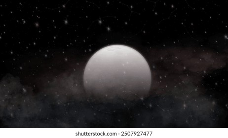 Mysterious night sky scene featuring a large moon against a dark, starry background. Includes celestial elements, constellations, and intricate cosmic patterns creating an otherworldly atmosphere.