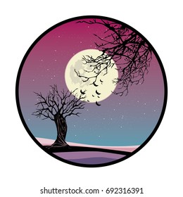 mysterious night vector illustration
circle frame , bats, old leafless trees and full moon over starry sky