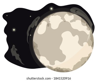 A mysterious night view with full Moon, stars and some ghosts.
