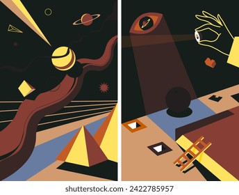 Mysterious otherworldly surreal depictions, realm of imagination. Connection between human touch and celestial bodies and forces. Cosmic interconnectedness and journey to unknown. Vector in flat style