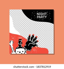 Mysterious party promo sale social media banner template with copyspace and magic elements. Hand of the monster, a bottle of magic potion, a bone. Poster, banner, special offer with transparent part