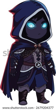 A mysterious pixel art game character sprite. This hooded rogue or mage wears a dark cloak and armor and has glowing blue eyes. Ideal for a fantasy or adventure RPG game