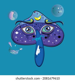 Mysterious psychedelic mushroom surrounded by soap bubbles. He presses his index finger to his lips and as if asks to keep his secret. A fantastic space character with sad, trusting eyes.