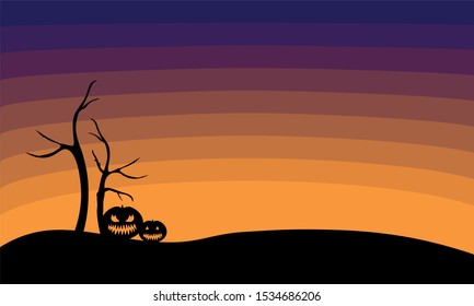 Mysterious pumpkins for Halloween. The background image for Halloween. Pumpkins and old trees