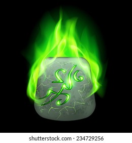 Mysterious quadrangular stone with magic rune in green flame