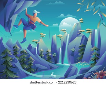 A mysterious and quiet place where adventurers climb steep mountains to finally achieve their goals. In the process he encountered some interesting things. This is a vector nature landscape scene.