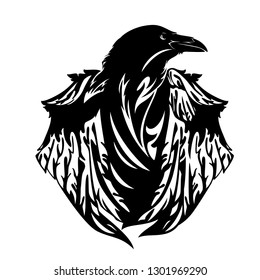 mysterious raven bird with closed wings - black and white vector design