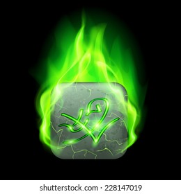 Mysterious rectangular stone with magic rune in green flame