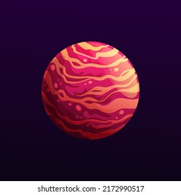 Mysterious red space planet with stripes. Vector galaxy striped globe cartoon star. Shining sphere in universe, ui game object, fantasy comet, meteor, isolated astronomy object in deep space