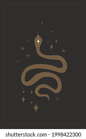 Mysterious Reptile Snake in boho style with Stars.Esoteric Symbol Talisman.Wicca,pagan,Buddhism tradition Design.Vintage collection.Tatto template.Flat Vector Illustration isolated on black background