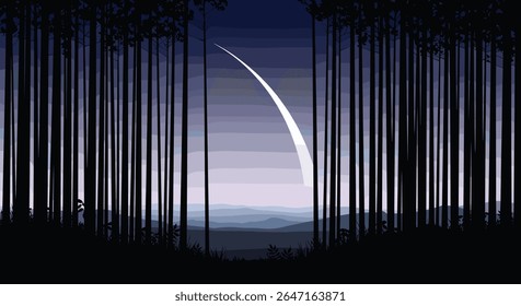 Lançamento misterioso de foguetes pela floresta densa ao anoitecer