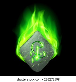 Mysterious rough stone with magic rune burning in green flame