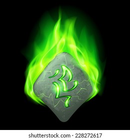 Mysterious rough stone with magic rune burning in green flame
