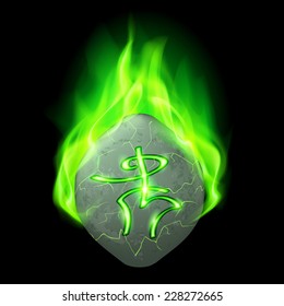 Mysterious rough stone with magic rune burning in green flame