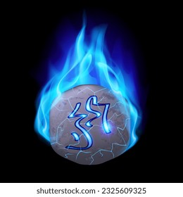 Mysterious round stone with magic rune in blue flame