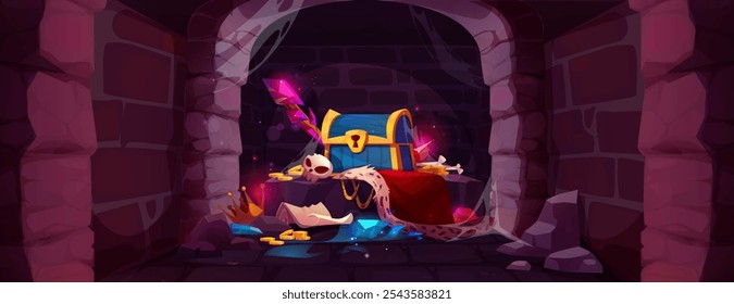 Mysterious royal treasure pile in medieval castle dungeon. Blue chest with golden crown and glowing gemstones, scattered coins and skull on king red cloak. fantasy game underground interior with vault