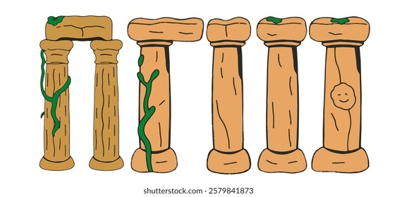 A mysterious ruined stone pillar vector illustration covered in moss, perfect for ancient magical settings, wizard academies, and forgotten temples.