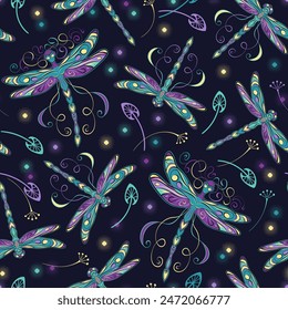 Mysterious seamless pattern with fantasy colored dragonflies, pixie, faerie, scattered leaves, sparkles. Mystical magic, sorcery concept. Art nouveau style.