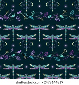 Mysterious seamless pattern with fantasy colored dragonflies, pixie, faerie, scattered leaves, sparkles. Mystical magic, sorcery concept. Art nouveau style.