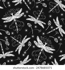 Mysterious seamless pattern with fantasy dragonflies, pixie, faerie, scattered leaves, sparkles. Mystical magic, sorcery concept. Art nouveau style. Black and white illustration