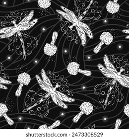 Mysterious seamless pattern with fantasy dragonfly pixie, faerie, scattered mushroom fly agaric, sparkles. Magic nature objects. Fairytale black and white illustration. Art nouveau style