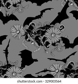Mysterious seamless pattern with flowers and bats